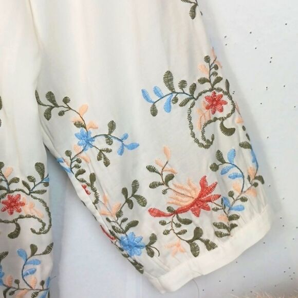 Pale Sky Emmy boho / Cottagecore floral embroidered long-sleeve white top large - Picture 4 of 9